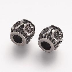 Stainless Steel European Beads, Barrel, Antique Silver, 10x9mm, Hole: 4.5mm(STAS-F067-02AS)