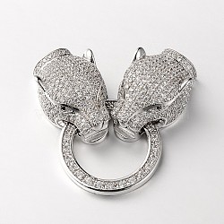 Brass Micro Pave Cubic Zirconia Fold Over Clasps, Leopard Head, Cadmium Free & Lead Free, Platinum, 49x21x10.5mm, Hole: 1mm(ZIRC-M043-P-02-RS)