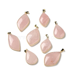 Natural Rose Quartz Pendants, Leaf Charms, with Rack Plating Golden Plated Brass Findings, Cadmium Free & Lead Free, 35.5~46.5x22~27x6.5~8.5mm, Hole: 5.4x4mm(G-R486-03G-A)