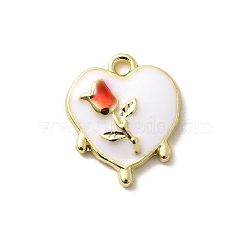 Alloy Pendants, with Enamel, Lead Free & Cadmium Free & Nickel Free, Rack Plating, Heart with Rose Charm, Golden, White, 18x15.5x3.5mm, Hole: 1.8mm(FIND-H015-15G-02)