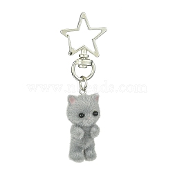 Flocky Resin Cat Pendant Decoration, with Star Alloy Swivel Clasps, Gray, 72mm(HJEW-JM01210-01)