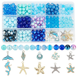 Elite Ocean Theme DIY Jewelry Making Findings Kits, Including Glass Beads, Acrylic Beads, Alloy Enamel Pendants, Spiral Shell & Starfish & Fish & Mermaid Shape, Blue, 7.5~9x7~9mm, Hole: 1.5~2.5mm(DIY-PH0013-52)