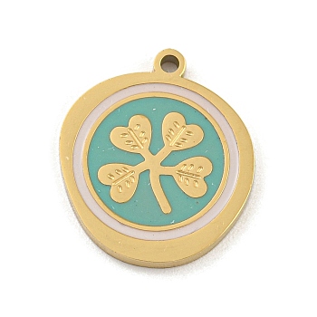 316 Surgical Stainless Steel Enamel Pendants, Flat Round with Clover Charm, Golden, Light Sea Green, 16x14x1.5mm, Hole: 1.2mm