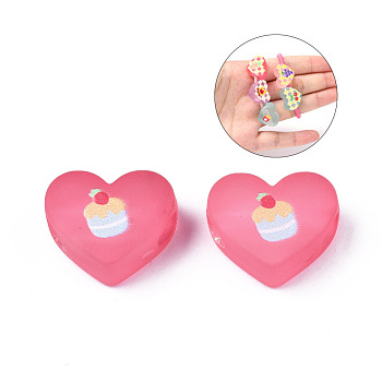 Transparent Printed Acrylic Beads, for Hair Rope DIY, Large Hole Beads, Rubberized Style, Heart with Cup Cake Pattern, Hot Pink, 14x18x8mm, Hole: 4mm