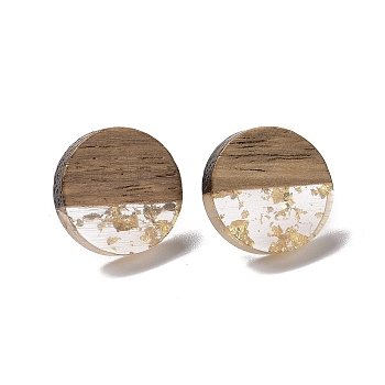 Resin & Walnut Wood Flat Round Stud Earrings with 304 Stainless Steel Pin for Women, Gold, 15mm, Pin: 0.6mm