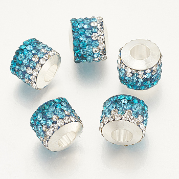 Polymer Clay Rhinestone European Beads, Large Hole Beads, with Platinum Tone Brass Single Cores, Column, Blue Zircon, 10x11~12mm, Hole: 4.5mm