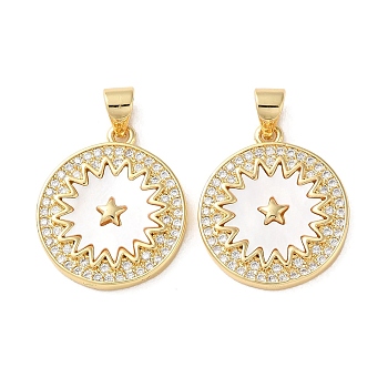 Brass Micro Pave Clear Cubic Zirconia Pendants, with Shell, Real 18K Gold Plated, Star, 20x17.5x3mm, Hole: 3.6mm