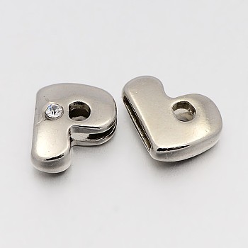 Letter Slider Beads for Watch Band Bracelet Making, Platinum Plated Alloy Crystal Rhinestone Slide Charms, Cadmium Free & Nickel Free & Lead Free, Letter.P, 11~13x9~11.5x4~5mm, Hole: 7.5~8x1mm