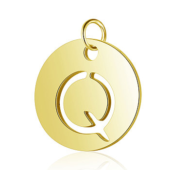 304 Stainless Steel Charms, Flat Round with Letter, Golden, Letter.Q, 12x1mm, Hole: 2.5mm