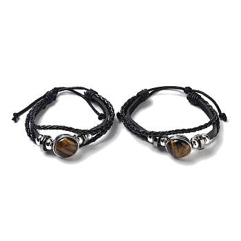 Natural Natural Tiger Eye Multi-strand Bracelets, Adjustable PU Leather Braided Cord Bracelets for Unisex, Inner Diameter: 2-3/8~2-7/8 inch(5.9~7.3cm)