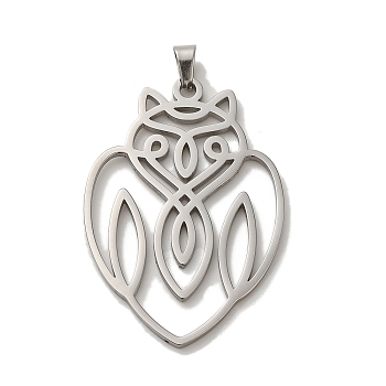 304 Stainless Steel Pendants, Laser Cut, Hollow Owl Charm, Stainless Steel Color, 41.5x28x1.5mm, Hole: 6x3mm