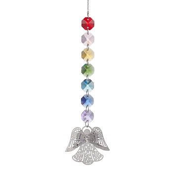 Glass Octagon Beaded Hanging Ornaments, Brass Charm for Home Outdoor Decoration, Angel & Fairy, 279mm