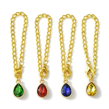 Alloy with Faceted Glass Rhinestone Cup Pendant Decorations, with Iron Twisted Chains Curb Chain, Golden, Mixed Color, Teardrop, 128mm, 4 color, 1pc/color, 4pcs/set