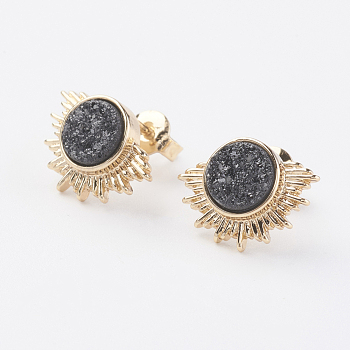 Electroplate Natural Druzy Agate Stud Earrings, with Brass Findings, Sun, Golden, Black, 10x14x3~4mm, Pin: 0.8mm
