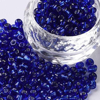 6/0 Glass Seed Beads, Silver Lined Round Hole, Round, Blue, 4mm, Hole: 1.5mm, about 442 beads/30g