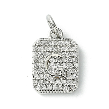 Rack Plating Brass Micro Pave Clear Cubic Zirconia Charms, Long-Lasting Plated, Lead Free & Cadmium Free, Rectangle with Letter Pattern, with Jump Ring, Platinum, Letter G, 14x9.5x2mm, Hole: 3mm