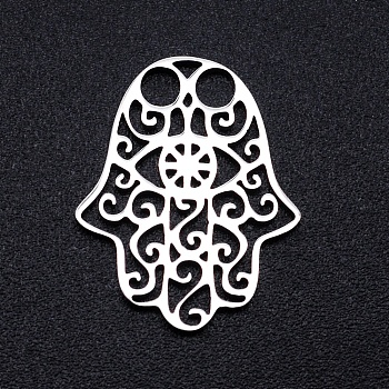 201 Stainless Steel Filigree Joiners Links, Laser Cut, Hamsa Hamsa Hand/Hand of Fatima/Hand of Miriam, Stainless Steel Color, 18.6x15x1mm