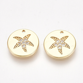 Brass Cubic Zirconia Charms, Flat Round with Starfish/Sea Stars, Clear, Nickel Free, Real 18K Gold Plated, 10x1.5mm, Hole: 0.8mm