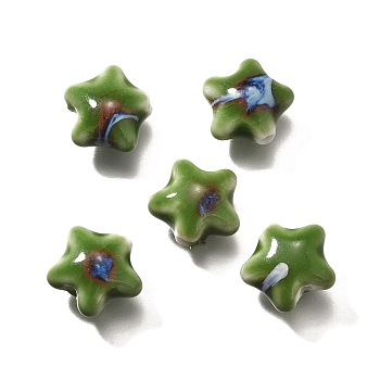 Handmade Porcelain Beads, Star, Olive Drab, 13.5x15x7.5mm, Hole: 2mm