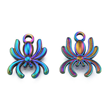 Ion Plating(IP) 201 Stainless Steel Charms, Spider, Rainbow Color, 15x13x2mm, Hole: 2mm
