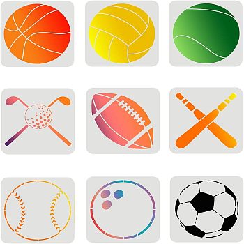 Plastic Reusable Drawing Painting Stencils Templates Sets, for Painting on Fabric Canvas Tiles Floor Furniture Wood, Sports Themed Pattern, 20x20cm, 9sheet/set