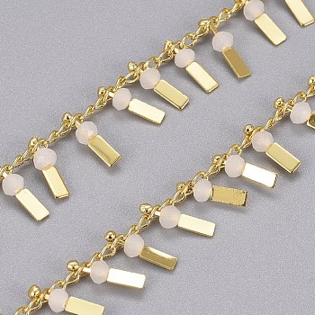 3.28 Feet Handmade Glass Beaded Chains, with Real 18K Gold Plated Brass Curb Chains, Long-Lasting Plated, Soldered, Lead Free & Cadmium Free, Rectangle, Light Salmon, 2.5x1.8x0.3mm, Rectangle: 9x3x3mm