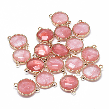 Cherry Quartz Glass Links connectors, with Golden Tone Brass Findings, Faceted, Flat Round, 25.5~26.5x17~18x6~7mm, Hole: 2~2.5mm