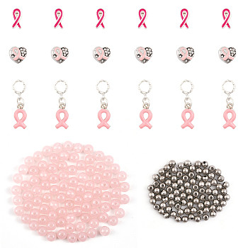 DIY Breast Cancer Awareness Theme Jewelry Making Finding Kit, Including Alloy Heart European Beads & Ribbon Dangle Pendants, Acrylic Round & 304 Stainless Steel Spacer Beads, Pink, 4~27x4~9.5x1~8.5mm, Hole: 1~5mm, 198Pcs/box