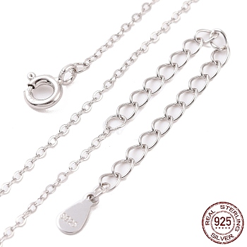 Rhodium Plated 925 Sterling Silver Flat Cable Chain Necklace, with S925 Stamp, for Beadable Necklace Making, Long-Lasting Plated, Platinum, 14.21 inch(36.1cm)