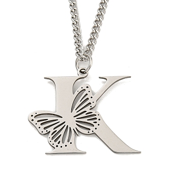 201 Stainless Steel Necklaces, Letter K, 23.74 inch(60.3cm) p: 36x23.5x1.3mm