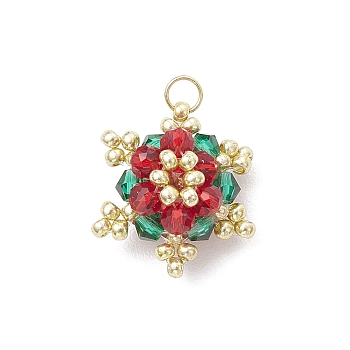 Christmas Imitate Austrian Crystal Bicone Glass Pendants, Snowflake, with 304 Stainless Steel Jump Rings, Real 18K Gold Plated, Red, 18x16x9.5mm, Hole: 3mm