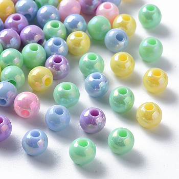 Opaque Acrylic Beads, AB Color Plated, Round, Mixed Color, 6x5mm, Hole: 1.8mm, about 440pcs/50g