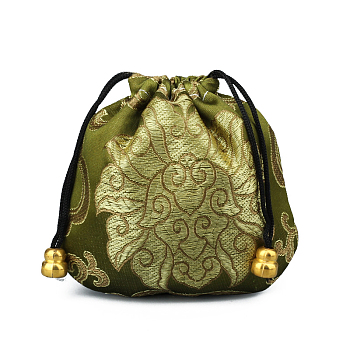 Chinese Style Stain Brocade Jewelry Packing Pouches, Drawstring Gift Bags, Auspicious Cloud Pattern, Olive, 11x11cm