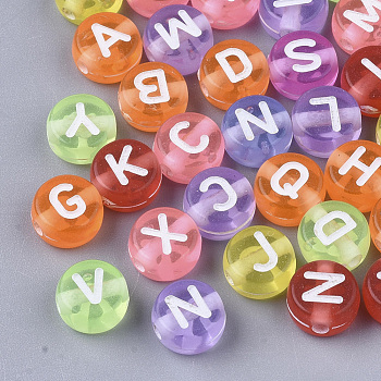 Transparent Acrylic Beads, Horizontal Hole, Flat Round with Random Initial Letter, Mixed Color, 7x4mm, Hole: 1.5mm, about 3830pcs/500g