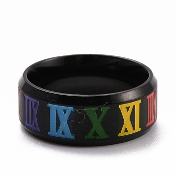 Pride Style Titanium Steel Finger Rings, Wide Band Rings, with Enamel, Roman Number, Colorful, Electrophoresis Black, US Size 7(17.3mm)