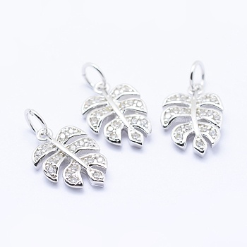 Brass Micro Pave Cubic Zirconia Charms, Tropical Leaf Charms, Monstera Leaf, Lead Free & Nickel Free & Cadmium Free, Platinum, 14x9.5x2mm, Hole: 3mm