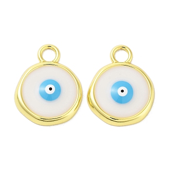 Rack Plating Brass Enamel Pendants, Long-Lasting Plated, Real 18K Gold Plated, Cadmium Free & Lead Free, Flat Round with Evil Eye Charm, White, 28x22x4mm, Hole: 4.7mm