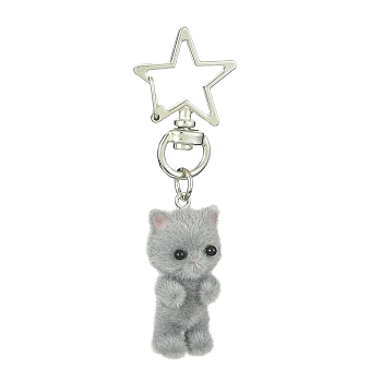 Flocky Resin Cat Pendant Decoration, with Star Alloy Swivel Clasps, Gray, 72mm