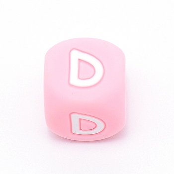 Silicone Alphabet Beads for Bracelet or Necklace Making, Letter Style, Pink Cube, Letter.D, 12x12x12mm, Hole: 3mm