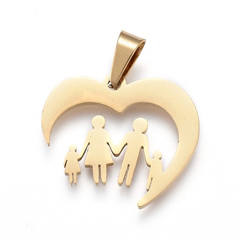 304 Stainless Steel Pendants, Laser Cut, Heart with Family, Golden, 13.5x16x1.5mm, Hole: 3x5mm