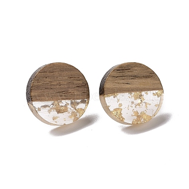 Gold Flat Round Wood Stud Earrings