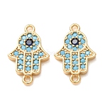 Brass Micro Pave Deep Sky Blue and Blue Cubic Zirconia Religion Hamsa Hand Links Connector Charms, Rack Plating, Long-Lasting Plated, Cadmium Free & Lead Free, Real 18K Gold Plated, 15.5x10x2mm, Hole: 1mm(CU-K002-07G)