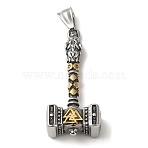 Viking 304 Stainless Steel Pendants, Thor's Hammer with Valknut Charm, Antique Silver & Golden, 48.5x21.5x10.5mm, Hole: 8x3.5mm(STAS-Z059-01AS)