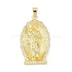 Religion Brass Micro Pave Clear Cubic Zirconia Pendants, Oval with Saint Charms, Rack Plating, Long-Lasting Plated, Lead Free & Cadmium Free, Real 18K Gold Plated, 38x22.5x5mm, Hole: 5x4mm(KK-H268-04B-G)