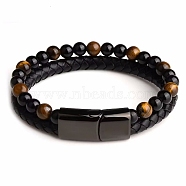 Natural Tiger Eye Beaded Bracelets, Imitation Leather Cord Bracelets for Women Men, with Alloy Clasps, Round, 8-1/4 inch(21cm)(PW24070691713)