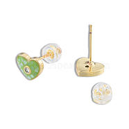 Natural Shell & Enamel Heart Stud Earrings with Cubic Zirconia, Golden Brass Jewelry for Women, Nickel Free, Light Green, 7.5x8.5mm, Pin: 0.7mm(EJEW-N011-79B)