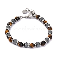 Natural Tiger Eye & Magnetic Synthetic Hematite Round Beaded Bracelet, 8-1/4 inch(21cm)(BJEW-P339-02P-03)