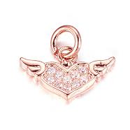 Brass Micro Pave Cubic Zirconia Charms, Heart with Wing, Rose Gold, 8x14x1.5mm, Hole: 3mm(ZIRC-P060-46RG)