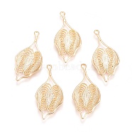 Brass Pendants, Nickel Free, Leaf, Real 18K Gold Plated, 35x17x2.5mm, Hole: 1.8mm(KK-E760-09G-NF)
