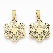 201 Stainless Steel Pendants, Filigree Pendants, with Random Size Snap on Bails, Flower, Golden, 27.5x23x1.5mm, Hole: 8~10x3~5mm(STAS-N089-08G)